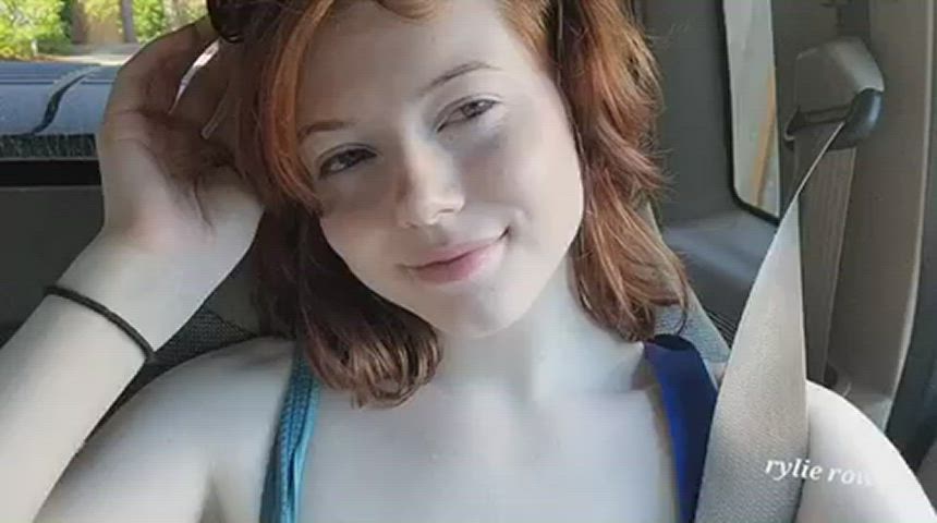 big tits car exhibitionist flashing pale public redhead clip