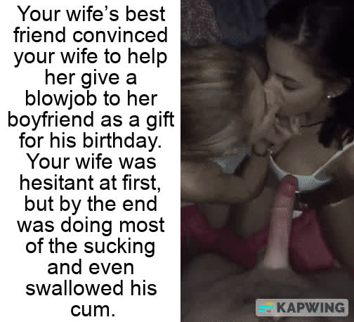 blowjob caption cheating cuckold double blowjob hotwife wife clip