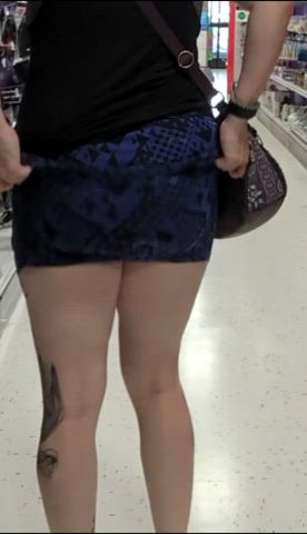 excited booty wiggle flash while shopping (f)or costumes to go to a sex club tonight