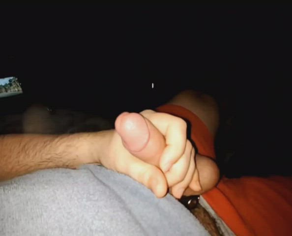 Uncut, cockringed cock spurting cum in slowmotion