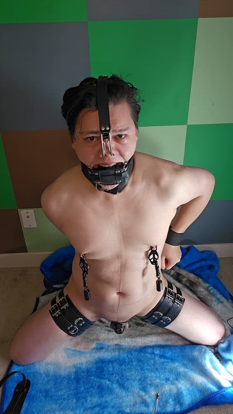 self bondage teen, hands cuffed and helpless. Stuck with a 6in dildo down his throat