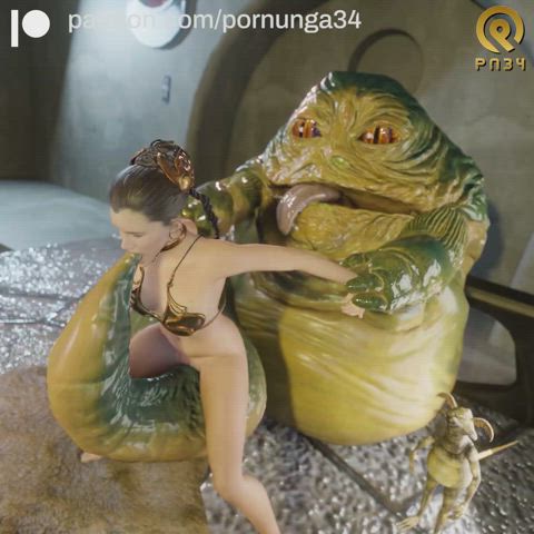 Princess Leia in the gold bikini sucks on Jabba the Hutt's tail (Credit_Pornunga34)