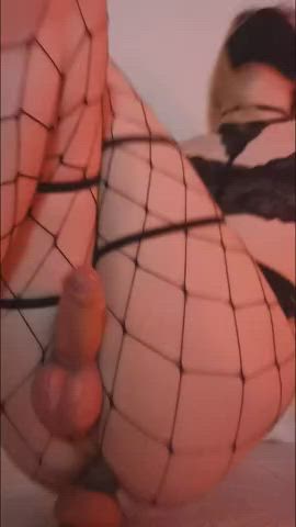 big balls blonde cum femboy fishnet hands free orgasm trans clip