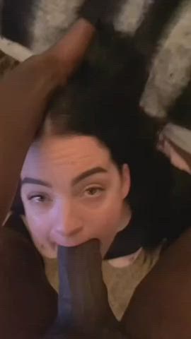 bbc blowjob brunette deepthroat face fuck hair pulling handjob hands free interracial