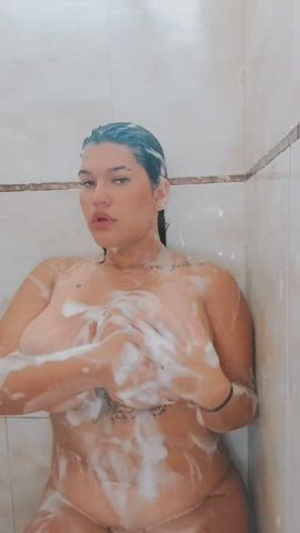 big tits bouncing tits brunette curvy latina shower soapy wet pussy boobs clip