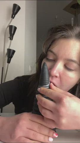 deepthroat dildo gagging solo spit tits clip