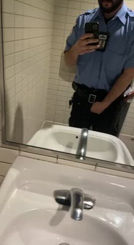 Bathroom Daddy Foreskin Jerk Off Male Masturbation Mirror Uncut Uniform Porn GIF