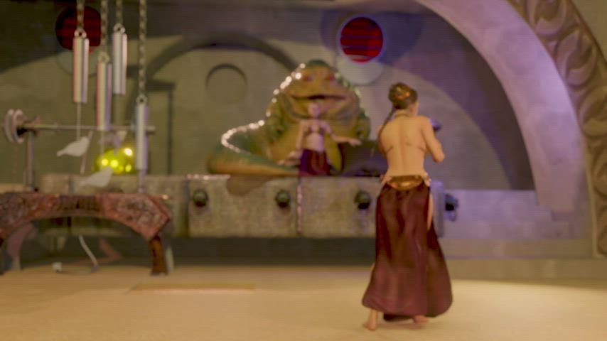 Princess Leia dances for Jabba the Hutt while he grabs hold of and licks Rey's face
