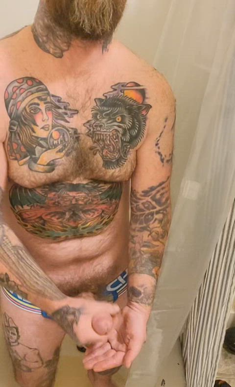 bear beard cock cum cum lube cumshot homemade masturbating solo bisexual-male gay-cumming