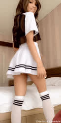 Asian Brunette Caption Clothed Knee High Socks Skirt Strip Trans clip