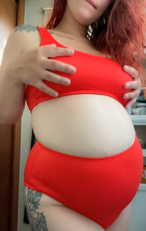 bathroom bodysuit boobs jerk off milf nsfw natural tits pregnant redhead swimsuit