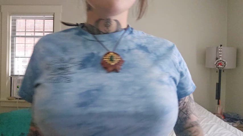 Tattooed MILF flashing her new tits - went from As to DDs and couldn't be happier!
