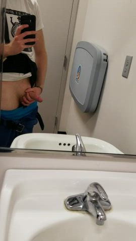 Jerking a hard cock in the work bathroom [M]