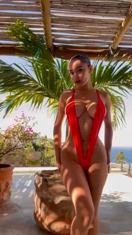 Huge tits got tight in red onepiece swimsuit