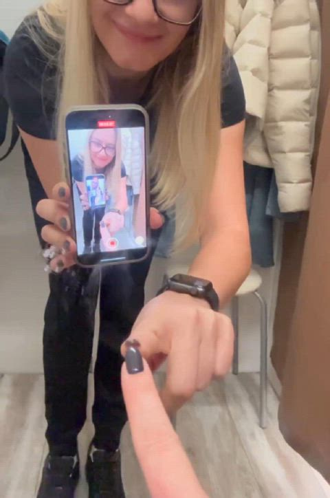 Sexy blonde fucks a dildo in dressing room