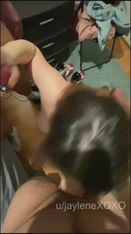 Taking turns sucking and deepthroating my husband and a friend's cock