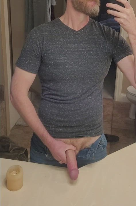 Confession: Watching me stroke my own thick cock in the mirror turns me on a bit