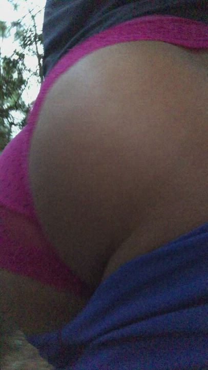 Bouncy butt cheeks in pink panties on public park trail