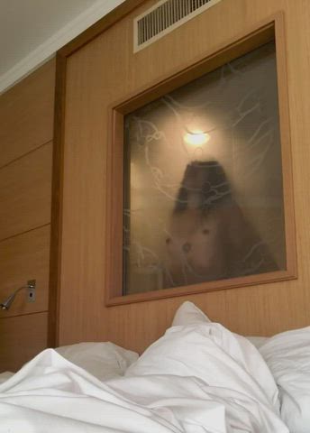 Boobs on inside window of hotel
