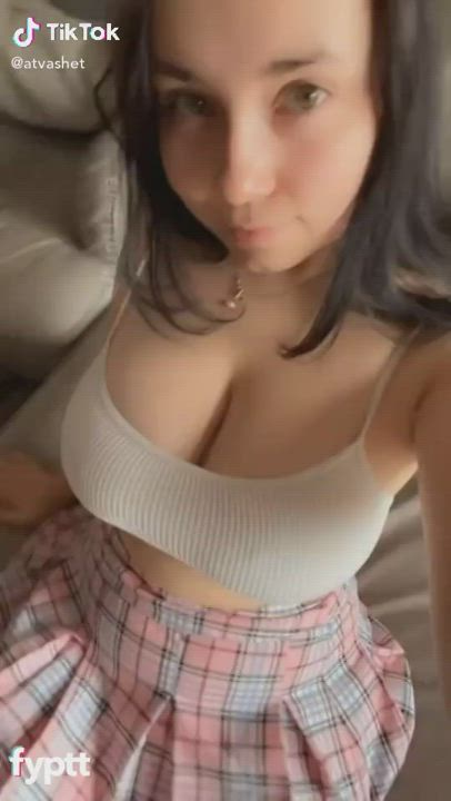 Brunette Busty Huge Tits Shaved Pussy Skirt clip