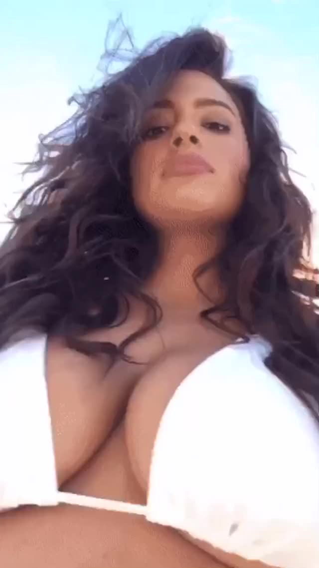 Ashley Graham huge jiggly boobs in white bikini top
