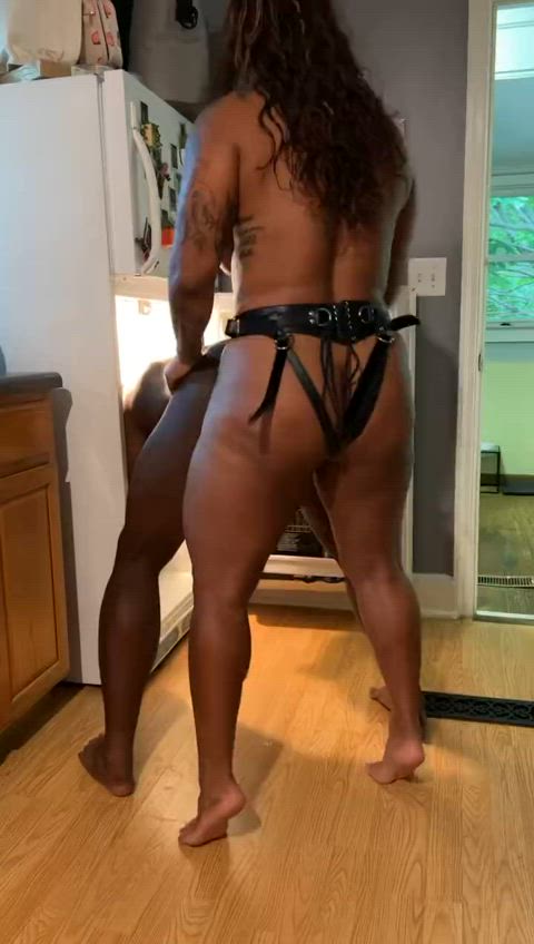 african american femdom kitchen muscular girl pegging strap on clip
