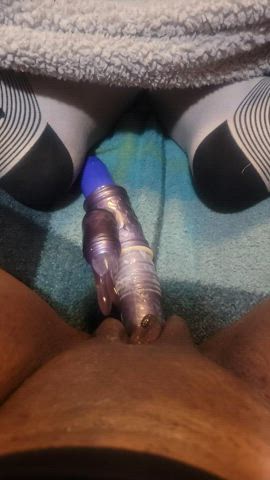 Whimpering as I toy my gooey black cunt