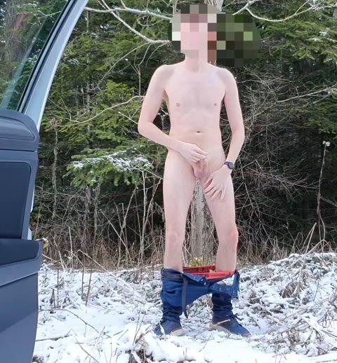 Swinging my cock around on a Winter hiking trail.