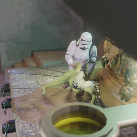 Oola gets taken by a Storm Trooper while Jabba the Hutt observes closely (PN34)