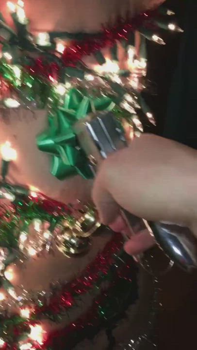 Decorating the Slutmas pain tree with hot lights crotch rope, heavy bells on nipple