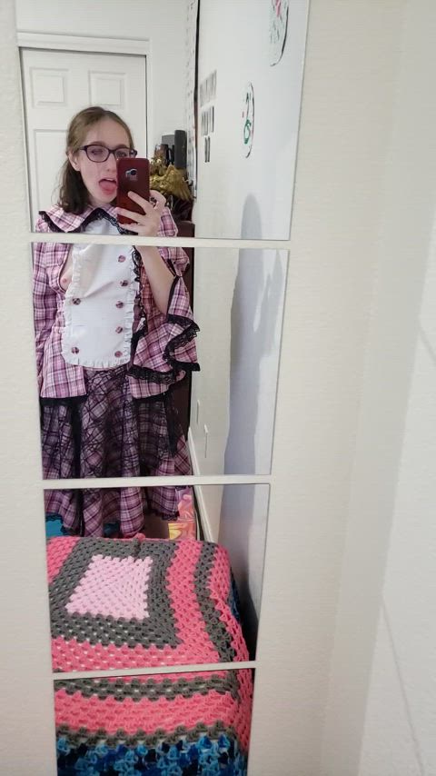 Crotchless flashes in a pink plaid dress (I'm a spooky Halloween GoatGirl)