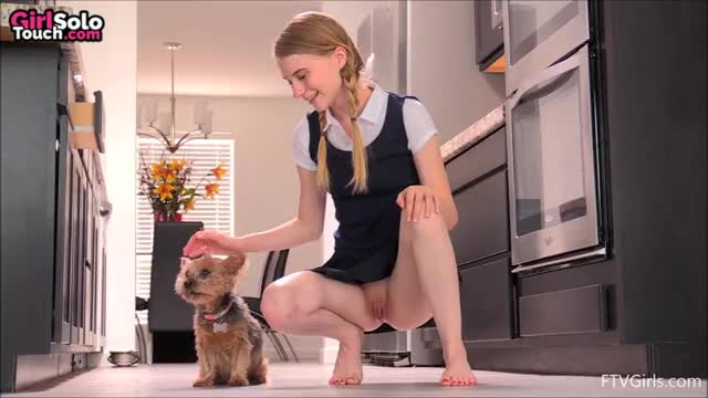 (GFY) Schoolgirl playing with doggie