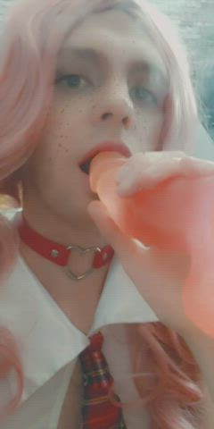 Choker Dildo Femboy Licking Schoolgirl Sissy Sucking Tongue Fetish Toy clip