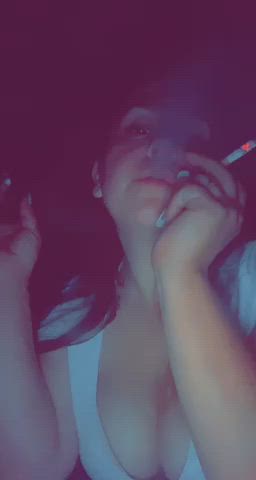 big tits brunette cleavage clothed curly hair cute onlyfans smoking clip
