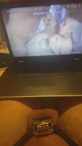 Slapping my pathetic white balls when clitty caged watching censored bbc porn , its