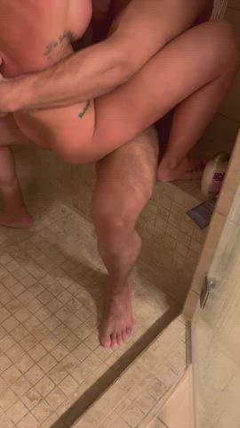 big tits cowgirl hotwife mfm real couple riding sharing shower clip