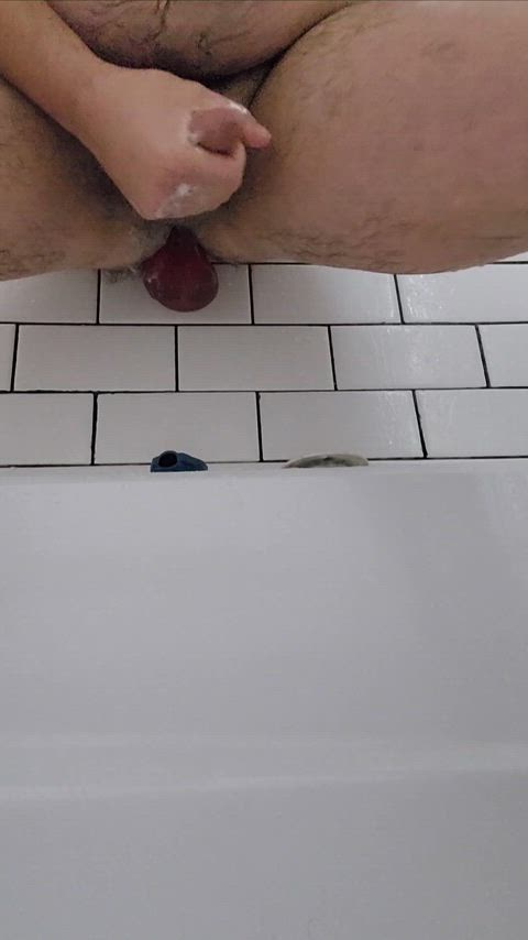 Cumming from anal dildo in shower