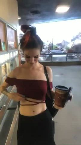 Drinking coffee and flashing titties