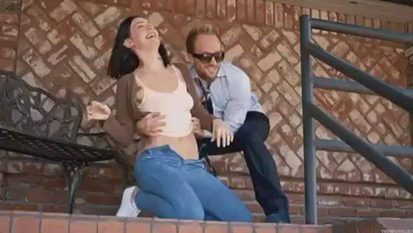 big tits bouncing tits doggystyle forced jeans milf public slapping clip