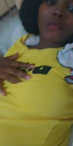 Amateur Big Tits Boobs Ebony Eye Contact Nipples T-Shirt Tits Topless clip