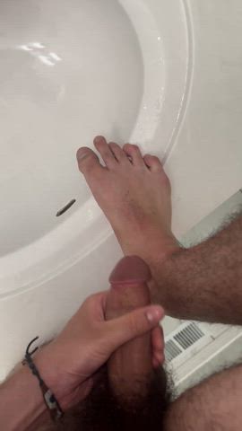 my hairy cock blowing a thick load of hot cum on my sweaty foot (1st time cum on