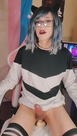 Anal Cock Cute Dildo Glasses Knee High Socks Natural Riding Small Tits Trans clip