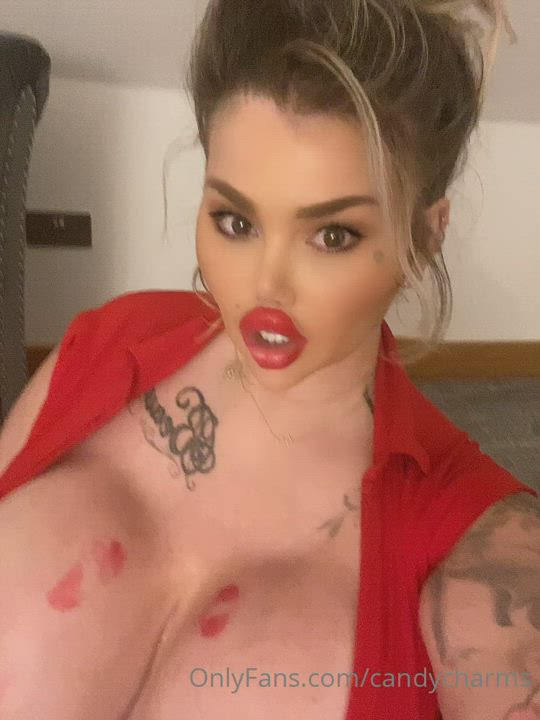 Imagine cumslut Candy sucking your hard cock. She'd get red lipstick all over your
