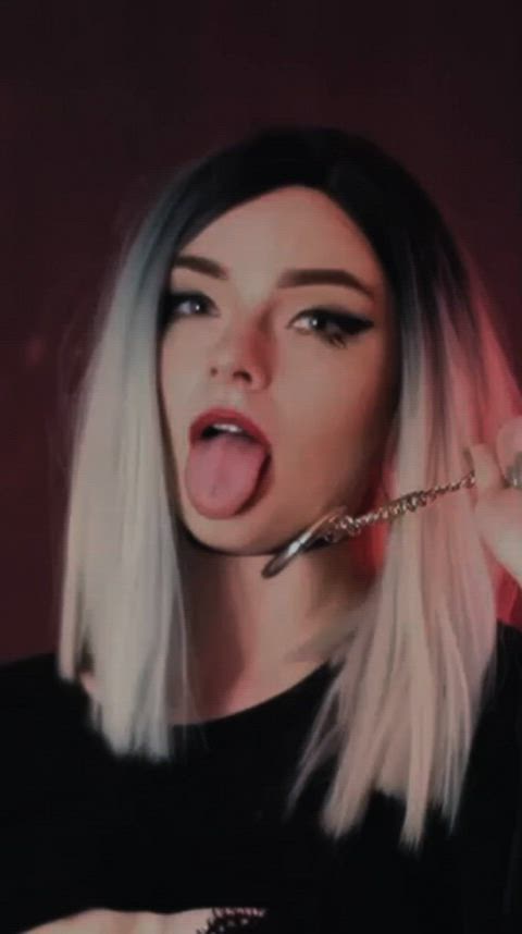 ahegao blonde choker choking cute tiktok tits tongue tongue fetish white hair clip