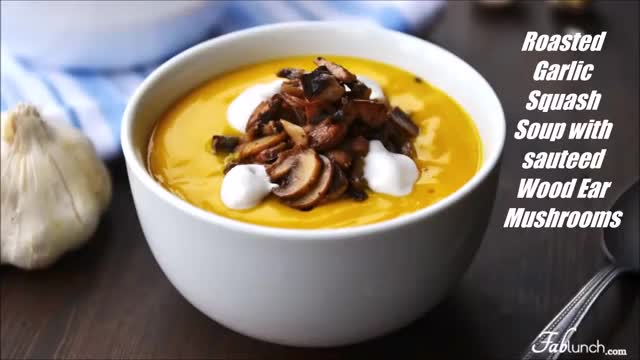 Garlic Roasted Squash Soup with sauteed Wood Ear Mushrooms