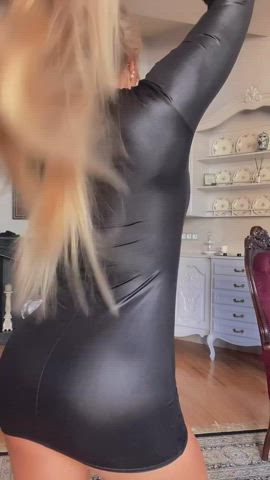 blonde catsuit dancing leather undressing clip