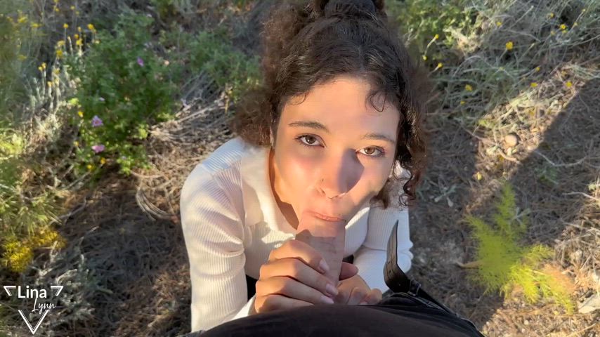 19 years old amateur big dick blowjob brunette curly hair eye contact outdoor pov