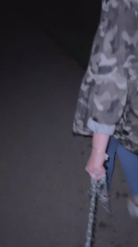 Took my chastity slave for a walk at night on a leash attached to his cock cage