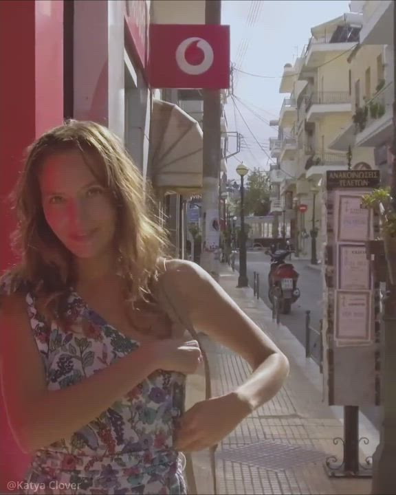 Katya flashing in the streets of greece (Katya Clover) [undress, pantyless, upskirt,