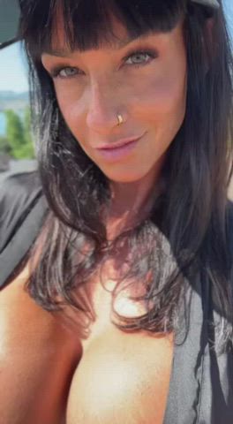 Big Tits Brunette Fake Tits MILF Outdoor Undressing clip